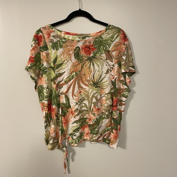 J. Jill Tops - J. Jill Love Linen‎ 100% Green Floral Tie Hem Short Sleeve T Shirt Top Size XL